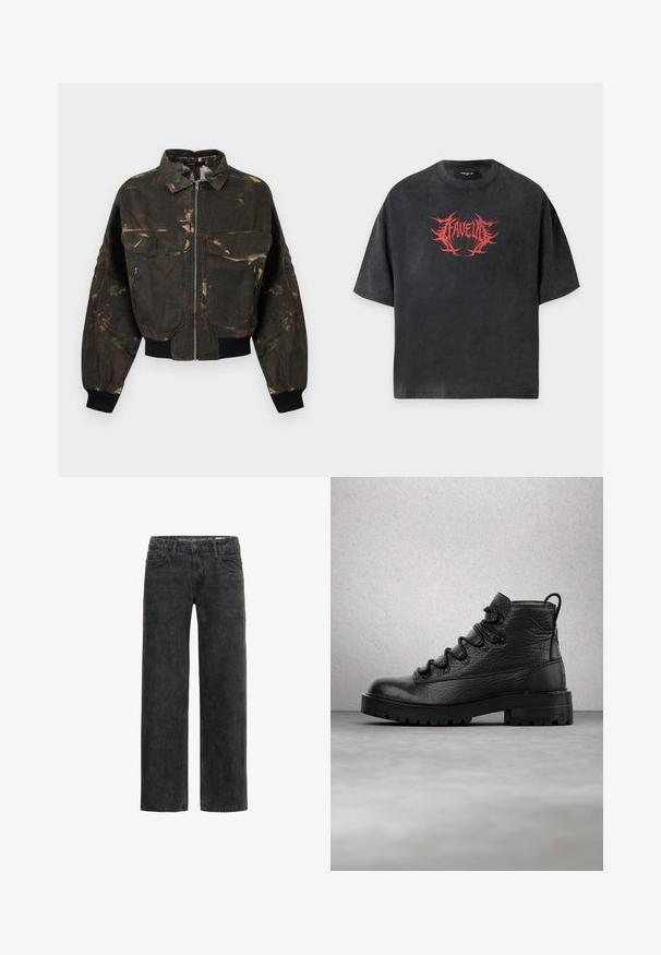 Tmavozelená a hnedá maskáčová bomber bunda s predným zipsom, veľkými vreckami s chlopňou a zipsom, rebrovanými manžetami a pásom.; Čierne oversized tričko s krátkym rukávom a červeným ostnatým textovým dizajnom uprostred na hrudi, na ktorom je napísané "FAVELA".; Čierne denimové nohavice s voľným strihom, rovnými nohavicami, dizajnom s piatimi vreckami a jemne vyblednutou textúrou. Obsahujú zapínanie na gombík a zips.; Čierne kožené členkové topánky s textúrovanou vrchnou časťou, šiestimi očkami a robustnou podrážkou. Sú vybavené pútkom na päte pre jednoduché obúvanie.