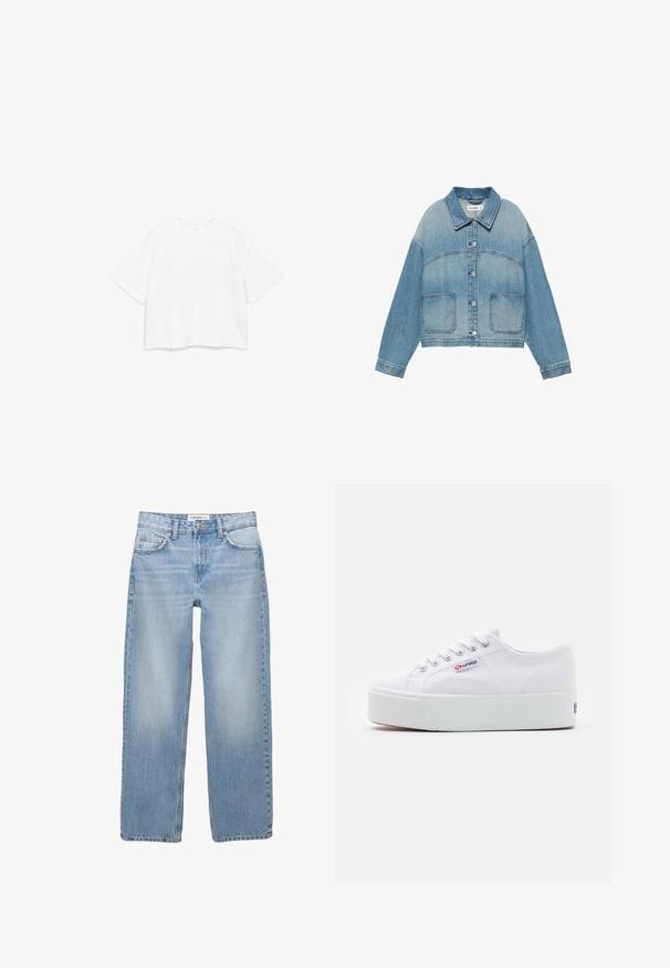 Veste en jean bleu clair avec col, fermeture boutonnée devant, manches longues et deux poches plaquées devant.; T-shirt blanc à manches courtes avec encolure ronde et coupe carrée ample, présenté sur un fond blanc uni.; Jean en denim bleu clair avec une coupe droite, style cinq poches et des détails de couture visibles. Le tissu a une texture douce et légèrement décolorée.; Baskets en toile blanches avec une épaisse semelle plateforme blanche, bout rond et œillets en métal pour les lacets. Logo de la marque affiché sur le côté.