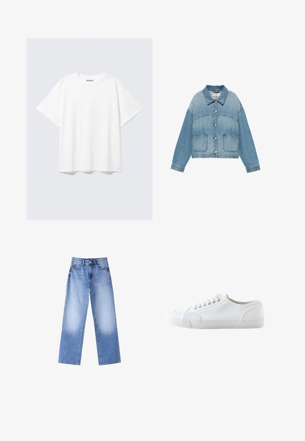 Veste en jean bleu clair avec col, fermeture boutonnée devant, manches longues et deux poches plaquées devant.; T-shirt blanc à manches courtes, col rond, coupe décontractée et étiquette "WEEKDAY" à l’intérieur du dos du col.; Jean bleu clair à jambes larges avec bouton et fermeture éclair à l’avant, style cinq poches, avec délavage sur les cuisses et le bas des jambes.; Baskets basses blanches en toile avec lacets blancs et semelle en caoutchouc, vues de côté sur fond blanc.