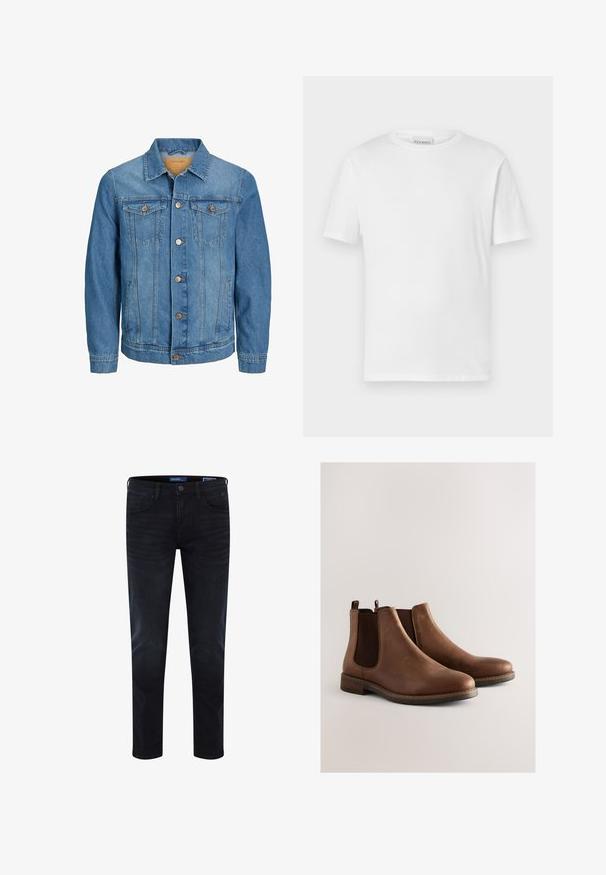 Mænds blå denimjakke med knaplukning foran, to brystlommer med klap og to sidelommer, krave og lange ærmer.; Hvid kortærmet t-shirt lavet af bomuld. Har en rund halsudskæring og lige kant. Ingen mønstre eller udsmykninger. Enkel design.; Mørkeblå denimjeans med skinny fit, synlige syninger, standard design med fem lommer og knaplukning ved taljen.; Brune læder Chelsea-støvler med elastiske sidepaneler, rundet snude, lav stakket hæl og syningsdetaljer langs sålen.