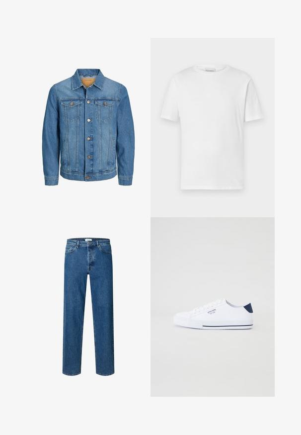 Chaqueta de mezclilla azul para hombre con cierre frontal de botones, dos bolsillos en el pecho con solapa, y dos bolsillos laterales, cuello y mangas largas.; Camiseta blanca de manga corta hecha de algodón. Presenta un escote redondo y un dobladillo recto. Sin patrones ni adornos. Diseño simple.; Vaqueros azul de corte recto con cierre de botón y cremallera, trabillas para el cinturón y diseño de cinco bolsillos.; Zapatillas de lona blancas con un acento en el talón en color navy, suela de goma plana, punta redonda y cordones blancos. Presenta un logo en el costado.