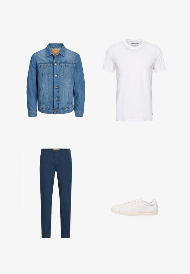 Mænds blå denimjakke med knaplukning foran, to brystlommer med klap og to sidelommer, krave og lange ærmer.; Hvid t-shirt med korte ærmer lavet af bomuld, med en rund hals og et enkelt design. Brandtag synlig på halsområdet. Ingen mønstre eller accenter.; Marineblå slim-fit herrebukser med bælteløkker, frontlukning med knap og sidelommer, præsenteret mod en hvid baggrund.; Hvid lavt sneakersko med snørelukning og flad sål, vist i sideprofil på hvid baggrund.