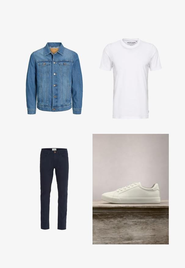Chaqueta de mezclilla azul para hombre con cierre frontal de botones, dos bolsillos en el pecho con solapa, y dos bolsillos laterales, cuello y mangas largas.; Camiseta de manga corta blanca, hecha de algodón, con cuello redondo y un diseño sencillo. Etiqueta de la marca visible en la zona del cuello. Sin patrones ni detalles.; Pantalones azul marino hechos de una mezcla de algodón. Diseño ajustado con cinco bolsillos, cierre de botón y una textura suave.; Zapatilla blanca con cordones flotando sobre un banco de madera con follaje verde al fondo, mostrando el diseño y la textura del zapato.