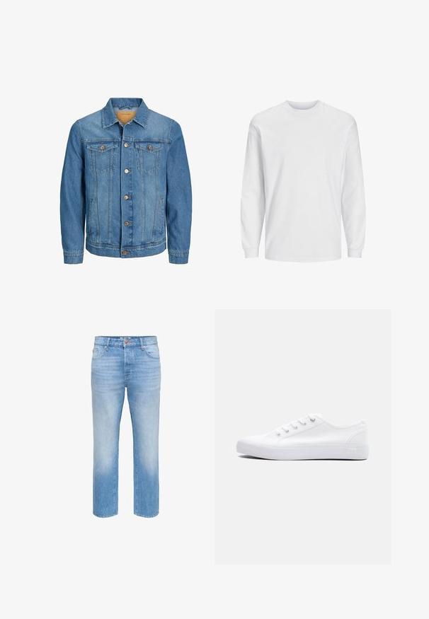Veste en denim bleu pour homme avec fermeture boutonnée sur le devant, deux poches poitrine à rabat, deux poches latérales, col et manches longues.; T-shirt blanc à manches longues en coton. Présente un col rond et un design uni sans motifs ni accents. Texture douce et lisse.; Jean en denim bleu clair avec une coupe droite, un design à cinq poches et une fermeture à bouton sur le devant, présentant une légère décoloration de la couleur.; Baskets basses en toile blanche avec lacets blancs, semelle en caoutchouc et œillets métalliques, vues de côté extérieur sur un fond uni.