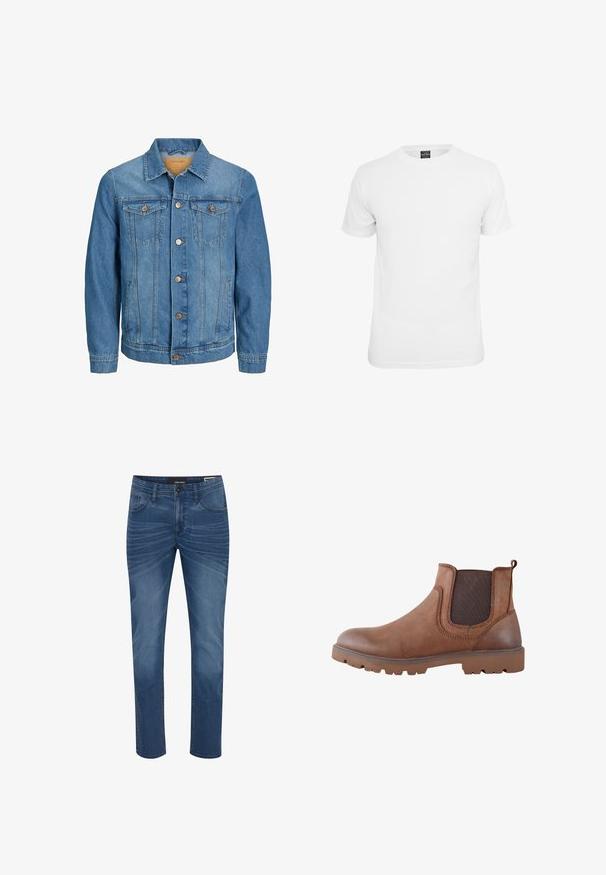 Mænds blå denimjakke med knaplukning foran, to brystlommer med klap og to sidelommer, krave og lange ærmer.; Hvid kortærmet t-shirt, lavet af bomuld, med en klassisk rund hals og en glat tekstur, designet til afslappet brug.; Denim jeans i en mellemblå nuance med lige pasform. Funktioner inkluderer klassisk fem-lommers design og subtile falmende mønstre på stoffet.; Brun læder Chelsea-støvle med mørke elastiske sidepaneler, trækstrop ved hælen og robust gummisål til udendørs brug.