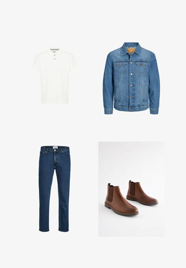 Mænds blå denimjakke med knaplukning foran, to brystlommer med klap og to sidelommer, krave og lange ærmer.; Hvid polo-shirt lavet af bomuld, med en klassisk krave, korte ærmer og en treknapslukning med mørkeblå knapper.; Mørkeblå denimjeans med lige ben, udstyret med fem lommer, en knaplukning og en diskret struktureret overflade.; Brune læderankelstøvler med elastiske sidestykker, rundet tå og en lagdelt hæl. Glat tekstur med kontrasterende brune accenter.