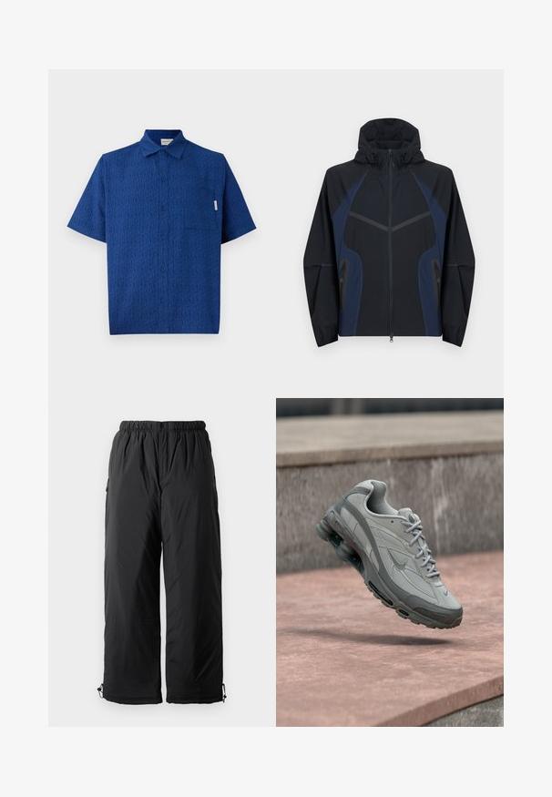 Schwarz-navyblaue Kapuzenjacke mit durchgehendem Frontreißverschluss, zwei seitlichen Reißverschlusstaschen und elastischen Bündchen an den langen Ärmeln.; Kurzarmliges blaues Hemd aus strukturiertem Stoff mit einem subtilen Muster, Knopfleiste vorne und einer einzigen Brusttasche.; Schwarze isolierte Hose mit elastischem Bund, ausgestattet mit Seitentaschen und verstellbaren Bündchen. Glattes Material mit leicht glänzender Oberfläche.; Grau-weißer Nike-Sneaker, der über einer Steinstufe schwebt, mit sichtbarer Luftdämpfung und strukturiertem Sohlenprofil.