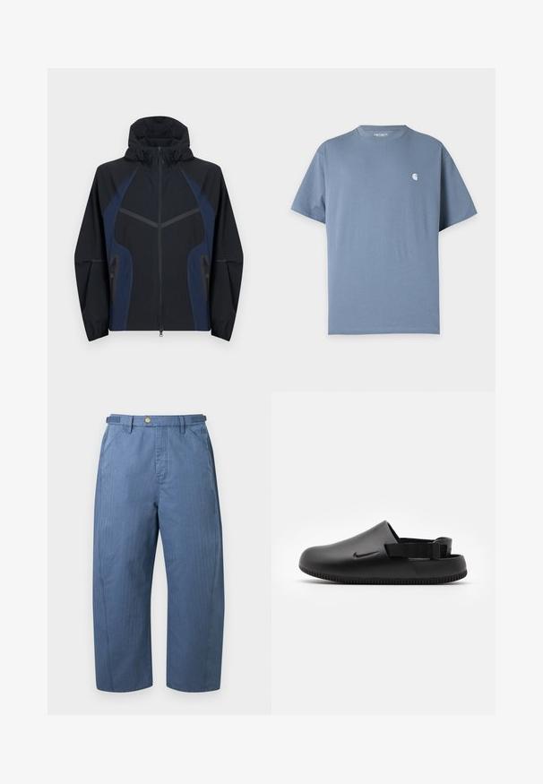 Schwarz-navyblaue Kapuzenjacke mit durchgehendem Frontreißverschluss, zwei seitlichen Reißverschlusstaschen und elastischen Bündchen an den langen Ärmeln.; Unifarbenes blaues T-Shirt mit kurzen Ärmeln, kleinem weißem Logo auf der linken Brust und rundem Ausschnitt.; Blaue, weit geschnittene Hose mit Fronttaschen, Gürtelschlaufen und einem Knopfverschluss an der Taille, präsentiert vor einem einfarbigen Hintergrund.; Schwarze geformte Clogs mit glatter Textur, einem Hinterriemen für Stabilität und einer geriffelten Sohle für Grip. Mit kleinem Logo an der Seite.