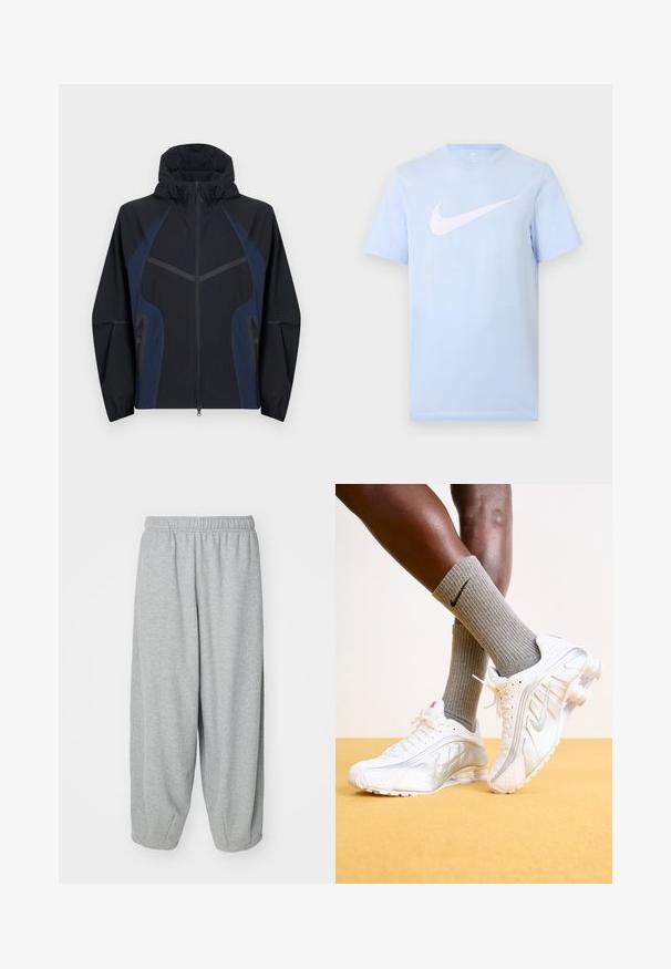 Sort og mørkeblå hættejakke med fuld lynlås foran, to lynlåslommer i siderne og elastiske manchetter på de lange ærmer.; Lyseblå T-shirt med korte ærmer og en stor hvid Nike swoosh-logo midt på forsiden mod en ensfarvet baggrund.; Lys grå, løstsiddende sweatpants lavet af blød stof. Elastisk talje og manchetter ved anklerne. Enkel og udekoreret design.; Nike sneakers i hvid med sølv accenter, der har teksturerede paneler og perforeringer. Sammen med grå ribbede sokker, sat mod en gul baggrund.