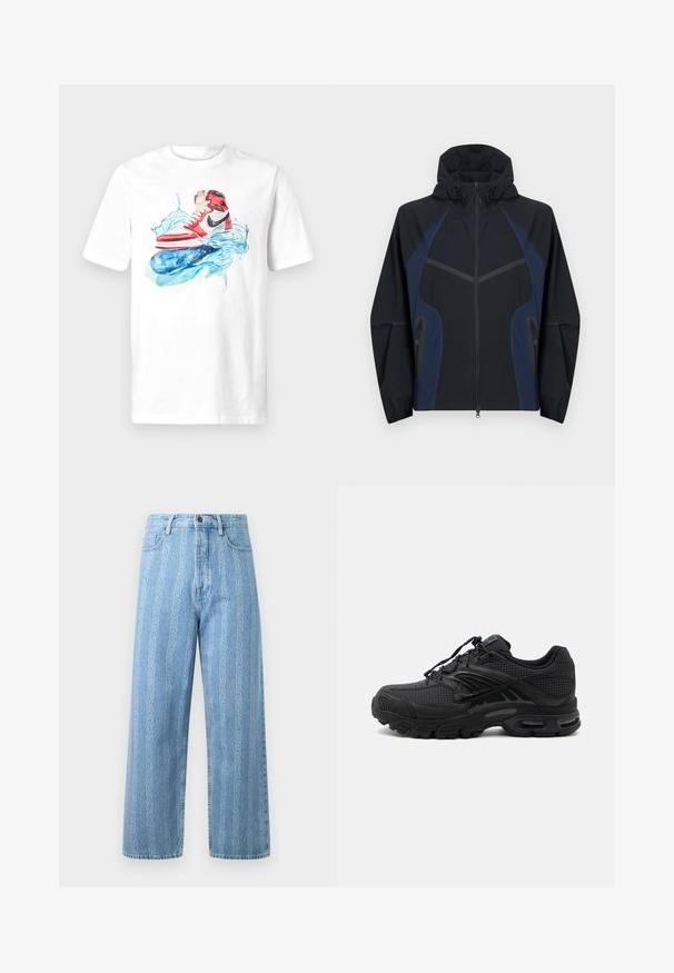 Zwart- en marineblauwe capuchonjas met volledige ritssluiting aan de voorkant, twee zijzakken met rits en elastische boorden aan de lange mouwen.; Witte t-shirt met een kleurrafische afbeelding van rode en zwarte sneakers boven gestileerde blauwe waterspatten. Ronde hals, korte mouwen, normale pasvorm.; Lichtblauwe denim jeans met een wijd uitlopende pasvorm, voorzien van een herhalend kettingpatroon. Klassieke vijf-pocketstijl en metalen knoopdetail.; Zwarte atletische sneaker met textuurstof, dikke gevoerde zool, luchtopeningen en vetersluiting, vanaf de zijkant weergegeven tegen een lichte achtergrond.