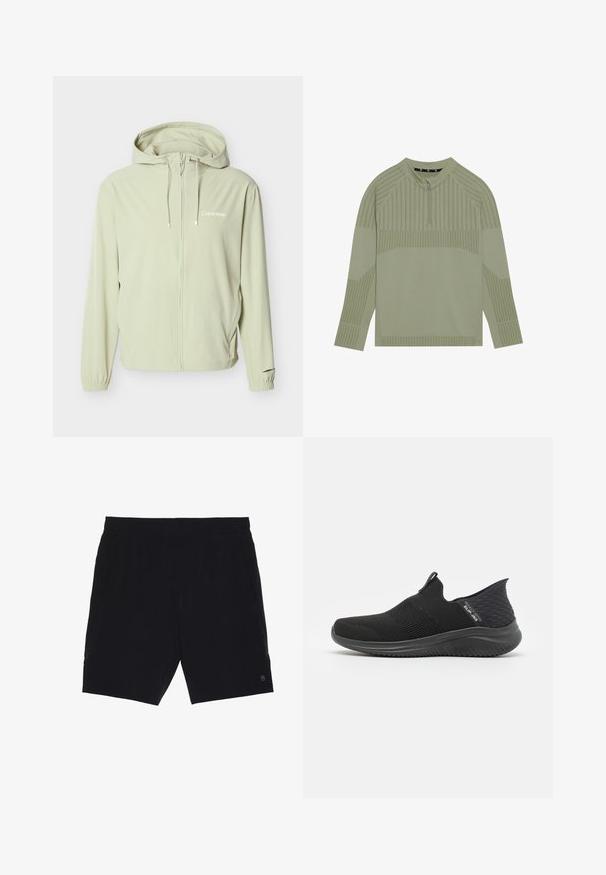 Lichtbeige Calvin Klein jas met capuchon, volledige ritssluiting aan de voorkant, trekkoorden, elastische manchetten en een subtiel logo op de borst.; Lichtgroene langemouwen top met een kwart-ritssluiting kraag, met een geribbelde textuur en strepenpatronen op de mouwen en het lichaam.; Zwarte shorts van lichtgewicht stof, met een elastische tailleband, twee zijzakken en een klein logo aan de onderzijde rechts.; Zwarte instap schoenen met een ademend mesh bovenwerk, gestructureerd ontwerp, flexibele zool en een gladde, gevoerde voetbed.