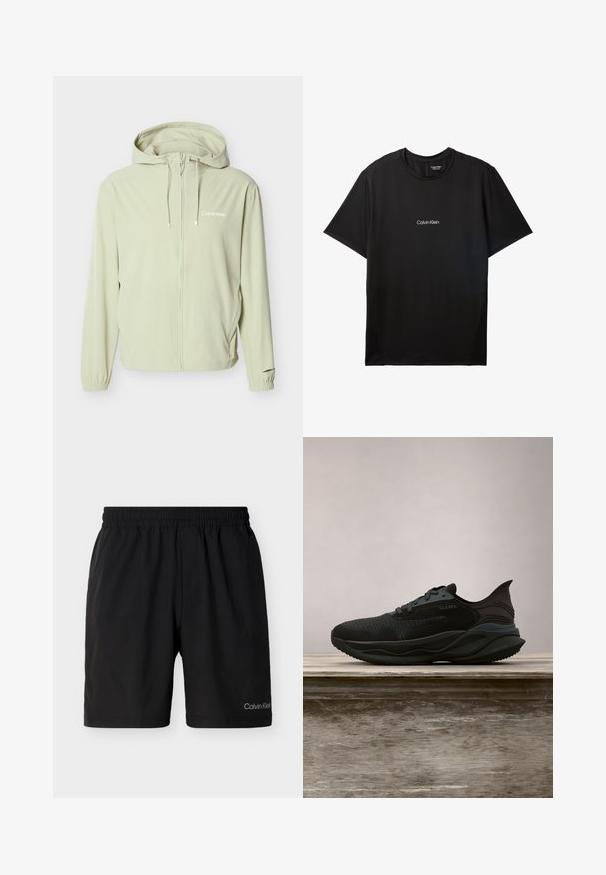 Lyse beige Calvin Klein hættetrøje med fuld lynlås foran, snoretræk, elastiske manchetter og diskret logo på brystet.; Sort kortærmet Calvin Klein T-shirt med rund hals og lille hvidt Calvin Klein-logo centreret på brystet.; Sorte elastiske shorts med sidelommer, knælang længde, med lille Calvin Klein-logo på det nederste venstre ben.; Sort atletiksko med tekstureret overdel og snørebåndsdesign, præsenteret over en træoverflade udendørs med grønne planter i baggrunden.