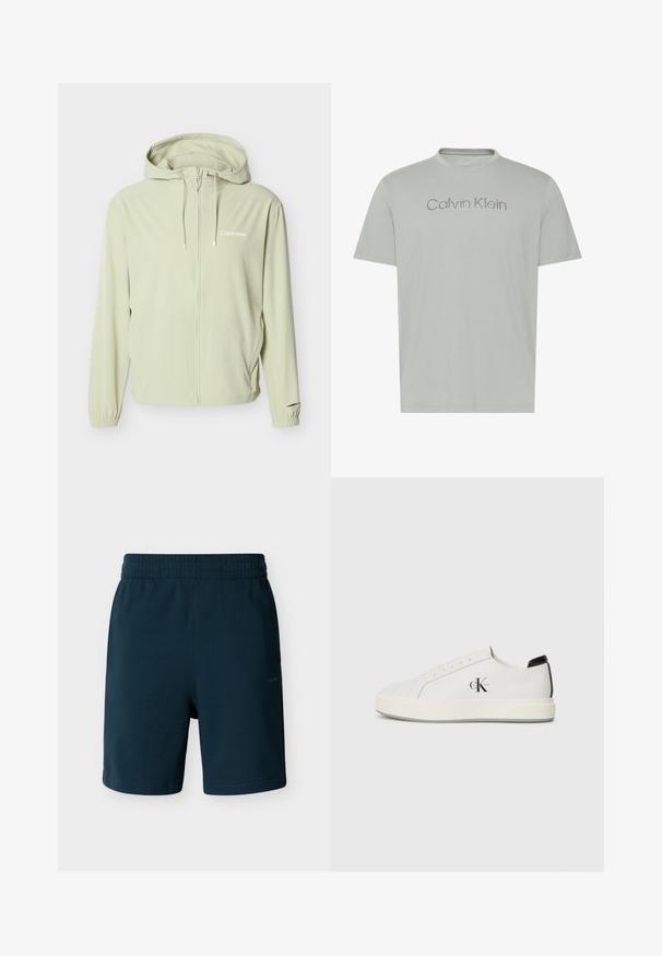 Veste à capuche Calvin Klein beige clair avec fermeture éclair intégrale à l'avant, cordons de serrage, poignets élastiques et logo discret sur la poitrine.; T-shirt gris clair à manches courtes avec col rond et logo "Calvin Klein" brodé sur la poitrine en fil gris assorti.; Shorts à taille élastique bleu foncé, coupe droite, avec un logo discret sur la cuisse droite, présentés sur un fond neutre.; Baskets en cuir blanc avec un bout arrondi, semelle en caoutchouc plate et accent de talon noir. Présente un logo Calvin Klein noir prominent sur le côté.