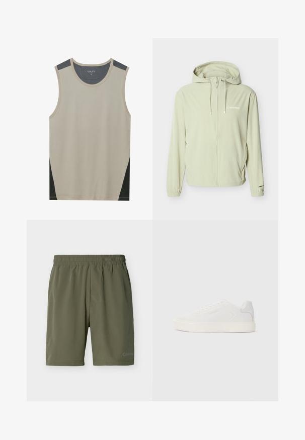 Lyse beige Calvin Klein hættetrøje med fuld lynlås foran, snoretræk, elastiske manchetter og diskret logo på brystet.; Beige ærmeløs tanktop med mørkegrå skulderdetaljer og sorte sidelapper. Glat tekstur med en rund halsudskæring.; Olivengrønne herreshorts med elastisk linning og diskret Calvin Klein-logo på venstre ben nederst, ensfarvet design.; Hvid sneaker med glat syntetisk overdel, rund tå og flad hvid sål. Har tonale syninger og minimal branding på siden.