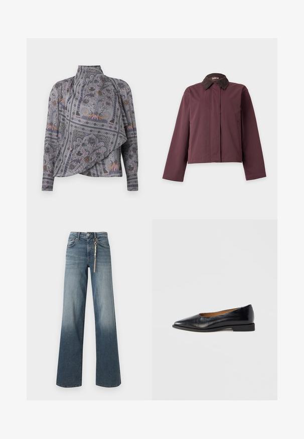 Veste bordeaux à manches longues avec col en velours côtelé marron foncé et fermeture avant dissimulée, présentée sur fond blanc.; Blouse à manches longues grise à motifs avec un col montant. Présente des dessins floraux et animaliers complexes, une texture drapée et une silhouette fluide.; Jean droit en denim bleu avec un lavage délavé et une chaîne dorée ornée de perles suspendue à la boucle de ceinture avant.; Chaussure plate en cuir noir avec un bout pointu et un petit talon carré. Texture lisse, design minimaliste, sans éléments métalliques visibles ni motifs.