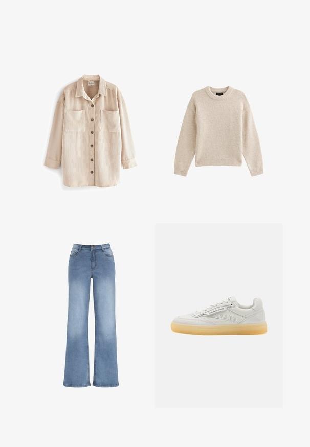 Beige corduroy overhemdjack met verticale strepen, twee borstzakken, vier bruine knopen aan de voorkant en een omgeslagen kraag.; Beige gebreide trui met een ronde halslijn, lange mouwen en geribbelde zoom. Gelaagd stof met een zachte uitstraling. Eenvoudig en veelzijdig ontwerp.; Lichtblauwe wijde spijkerbroek van denim. Voorzien van een knoopsluiting, vijf zakken en stiksels. Gladde textuur met een lichte vervaging.; Witte leren sneaker met geperforeerde accenten, ronde neus en een crèmekleurige rubberen zool. Bevat tonale stiksels en een minimalistisch ontwerp.