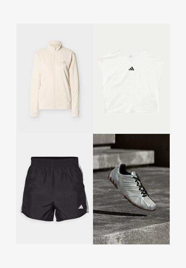 Cremefarbene Jacke mit Reißverschluss, hohem Kragen, langen Ärmeln, Seitentaschen und dezentem Adidas-Logo auf der linken Brust.; Weißes Adidas kurzärmliges Sportshirt mit strukturiertem Punktmuster und schwarzem Adidas-Logo mittig auf der Brust.; Schwarze Sportshorts mit elastischem Bund, seitlichen Schlitzen und weißen drei Streifen Akzenten. Enthält ein kleines weißes Logo auf der unteren rechten Seite.; Silberner und schwarzer Adidas-Sportschuh mit strukturiertem Design und brauner Sohle, schwebend über einer grauen Betonoberfläche und Stufen.