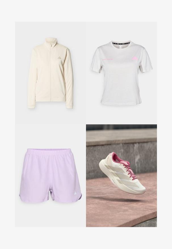 Kremfarvet lynlåstrøje med høj krave, lange ærmer, sidelommer og diskret Adidas-logo på venstre bryst.; Lys grå T-shirt med korte ærmer, der har en rund hals, "ADIDAS RUNNING" trykt i pink, med pink Adidas-logo på brystet. Blød stoftekstur.; Lavendel sportshorts med elastisk talje, fugtabsorberende materiale og et lille hvidt logo nederst til højre.; Lys beige og lyserød løbesko med polstret sål, lyserøde snører og tre beige striber svævende over en stenet overflade.
