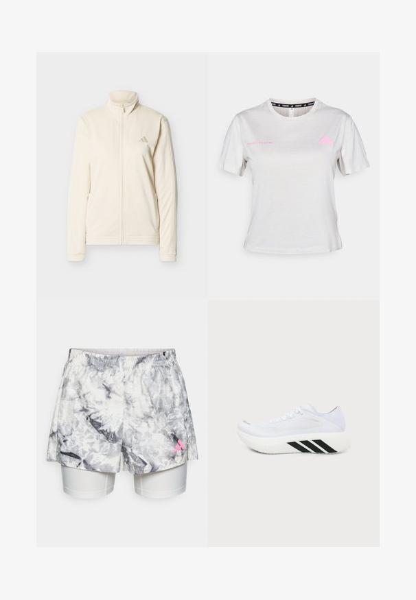 Kremfarvet lynlåstrøje med høj krave, lange ærmer, sidelommer og diskret Adidas-logo på venstre bryst.; Lys grå T-shirt med korte ærmer, der har en rund hals, "ADIDAS RUNNING" trykt i pink, med pink Adidas-logo på brystet. Blød stoftekstur.; Shorts med et gråt og hvidt abstrakt mønster, der har en elastisk talje, indvendig foring og en lyserød logoaccent på siden.; Hvid atletiksko med tyk sål, sorte diagonale striber på mellemsålen, mesh overdel og snørebånd, vist fra siden mod en ensfarvet baggrund.