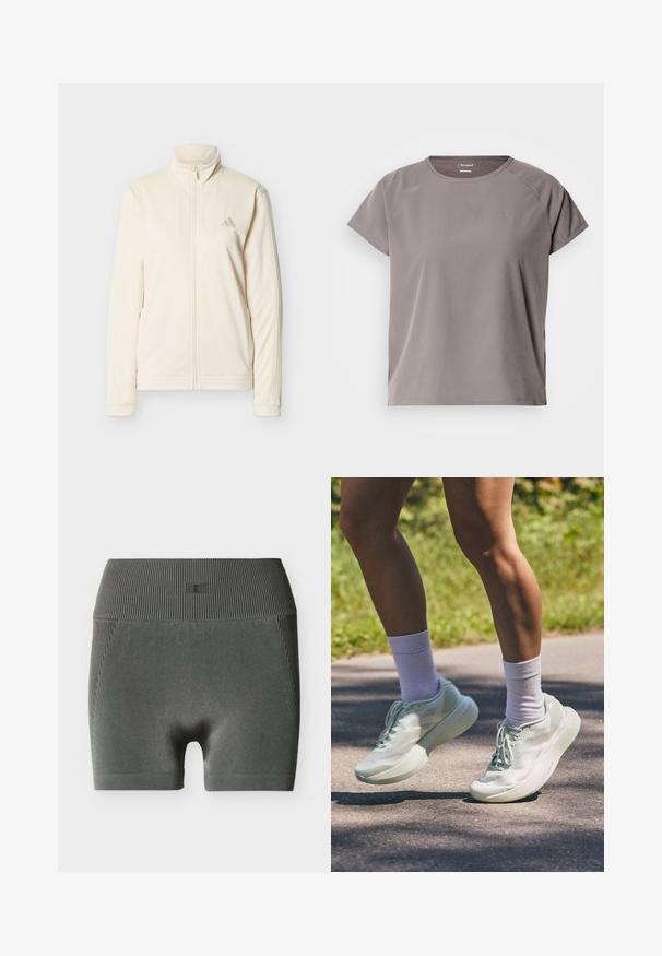 Kremfarvet lynlåstrøje med høj krave, lange ærmer, sidelommer og diskret Adidas-logo på venstre bryst.; Lysegrå sportstshirt med korte ærmer, rund halsudskæring, glat tekstur og sideslidser for nem bevægelse. Har logo på brystet.; Mørkegrå sømløse ribstrikkede biker shorts med høj talje og et lille præget logo på linningen, vist på en hvid baggrund.; Lys mintgrønne atletiske sko med en glat tekstur, rund tå og tyk sål. Båret sammen med hvide ankelstrømper, vist i bevægelse på en sti.