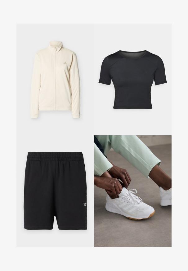 Krémovo sfarbená bunda na zips s vysokým golierom, dlhými rukávmi, bočnými vreckami a nenápadným logom Adidas na ľavej hrudi.; Čierny krátky rukáv crop top vyrobený z hladkej, elastickej látky s okrúhlym výstrihom a jemnými švovými detailami na pleciach.; Čierne atletické šortky s elastickým pásom, malým bielym logom Adidas trefoil na ľavom stehne a bielymi pruhmi pozdĺž strán.; Biele športové topánky s hornou časťou z sieťoviny, gumovou podrážkou a dizajnom so tromi prúžkami. Šnúrky sa upravujú; viditeľné svetlošedé a mätovo zelené oblečenie.