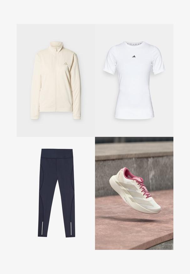 Veste zippée couleur crème avec col montant, manches longues, poches latérales, et logo Adidas discret sur le côté gauche de la poitrine.; T-shirt de sport blanc à manches courtes, fabriqué en tissu lisse et extensible. Doté d'un petit logo noir Adidas sur la poitrine.; Leggings bleu marine en tissu extensible, dotés d'une taille haute et de coutures latérales arrondies, avec des accents réfléchissants au niveau des ourlets des chevilles.; Chaussure de course beige clair et rose avec semelle coussinée, lacets roses et trois rayures beiges flottant au-dessus d'une surface en pierre.