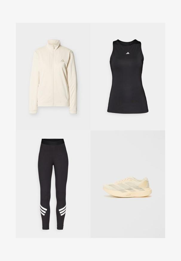 Crèmekleurig jack met ritssluiting, hoge kraag, lange mouwen, zijzakken en een subtiel Adidas-logo op de linkerborst.; Zwart mouwloos sporttop gemaakt van gladde stof. Heeft een ronde halslijn en een klein wit Adidas-logo op de borst.; Zwarte legging van rekbaar materiaal, met een brede tailleband en drie witte horizontale strepen nabij de onderbenen.; Lichtgewicht hardloopschoen in lichtgeel en roomwit, met een gestructureerde mesh bovenzijde, drie diagonale strepen en een dikke buitenzool met "LIGHTSTRIKE PRO" detail.