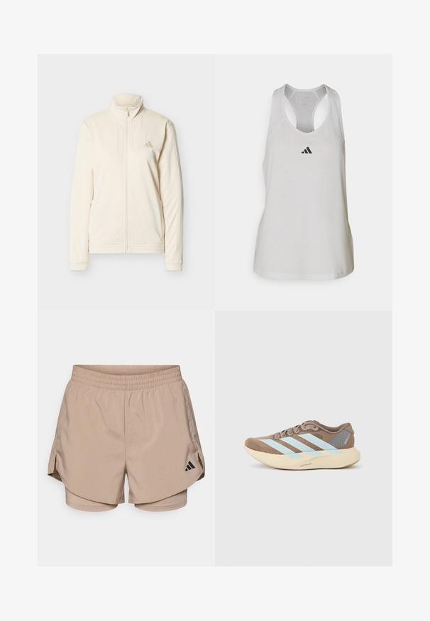 Krémovo sfarbená bunda na zips s vysokým golierom, dlhými rukávmi, bočnými vreckami a nenápadným logom Adidas na ľavej hrudi.; Biely športový tielko vyrobené z ľahkej tkaniny, so športovým strihom a malým čiernym logom na hrudi.; Béžové športové šortky s pásom, s bočnými rozparkami a vnútornými šortkami. Čierne logo Adidas na spodnej ľavej strane. Hladká textúra látky.; Hnedá atletická obuv so svetlomodrými pruhmi, sieťovaným zvrškom, zaokrúhlenou špičkou a krémovo sfarbenou ľahkou podrážkou s detailmi v sivých akcentoch.