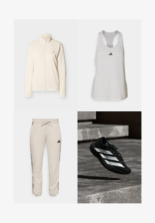 Cremefarbene Jacke mit Reißverschluss, hohem Kragen, langen Ärmeln, Seitentaschen und dezentem Adidas-Logo auf der linken Brust.; Weißes Sport-Top aus leichtem Stoff mit Racerback-Design und kleinem schwarzem Logo auf der Brust.; Hellbeige Sweatpants aus weichem Stoff, mit einem verstellbaren Bund und schwarzen Seitenpaneelen mit einem Leopardenmuster.; Schwarzer Laufschuh mit drei weißen Streifen schwebt in der Luft über Betontreppen und wirft darunter einen Schatten.