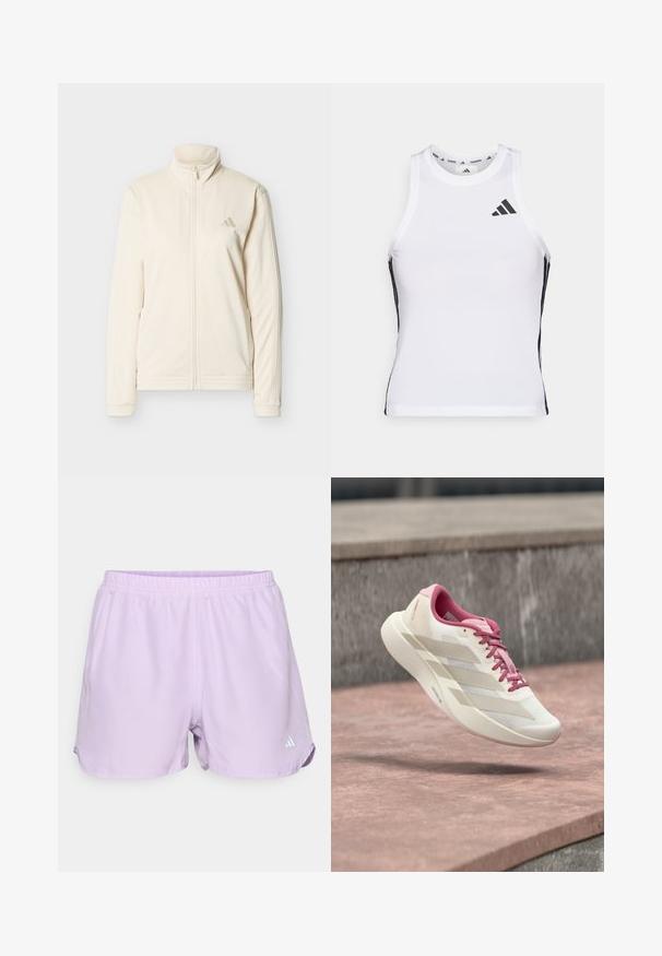 Kremfarvet lynlåstrøje med høj krave, lange ærmer, sidelommer og diskret Adidas-logo på venstre bryst.; Hvid athletic tanktop med sorte sideaccentuer og logo. Har en scoop-neckline og tætsiddende design, lavet af letvægts, åndbart materiale.; Lavendel sportshorts med elastisk talje, fugtabsorberende materiale og et lille hvidt logo nederst til højre.; Lys beige og lyserød løbesko med polstret sål, lyserøde snører og tre beige striber svævende over en stenet overflade.