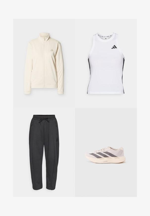 Krémovo sfarbená bunda na zips s vysokým golierom, dlhými rukávmi, bočnými vreckami a nenápadným logom Adidas na ľavej hrudi.; Biely športový tielko s čiernymi bočnými akcentami a logom. Má výstrih v tvare lode a priliehavý strih, vyrobené z ľahkého, priedušného materiálu.; Čierne športové nohavice s elastickým pásom, sťahovacou šnúrkou, bočnými zipsovými vreckami a zúženými nohavicami. Vyrobené z mäkkej, textúrovanej látky.; Ľahké športové tenisky v bledoružovej a šedej farbe, s priedušným sieťovaným zvrškom, troma tmavými pásmi a hrubou krémovou podrážkou označenou "LIGHTSTRIKE PRO".
