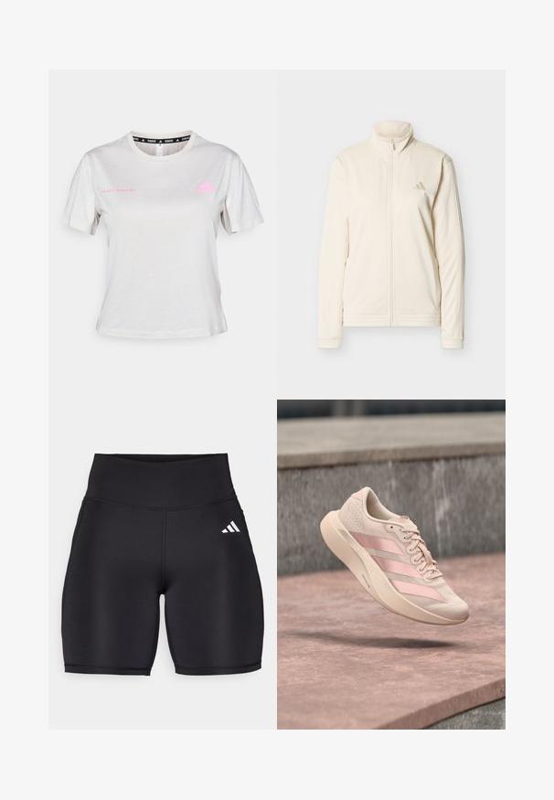 Veste zippée couleur crème avec col montant, manches longues, poches latérales, et logo Adidas discret sur le côté gauche de la poitrine.; T-shirt gris clair à manches courtes avec un col rond, "ADIDAS RUNNING" imprimé en rose, avec le logo Adidas rose sur la poitrine. Texture de tissu doux.; Shorts de sport noirs en tissu extensible, dotés d'une taille haute, d'une texture lisse et d'un logo à trois bandes blanches sur le côté.; Baskets rose clair avec trois bandes rose foncé et des lacets, suspendues en l'air au-dessus d'une surface en pierre et des marches en arrière-plan.