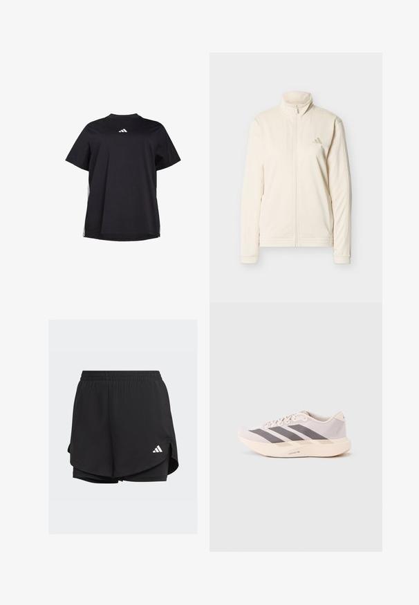 Veste zippée couleur crème avec col montant, manches longues, poches latérales, et logo Adidas discret sur le côté gauche de la poitrine.; T-shirt noir à manches courtes en tissu doux, avec un accent horizontal blanc sur les côtés et un logo blanc sur la poitrine.; Shorts de sport noirs avec une taille élastique, un design superposé, des shorts ajustés à l'intérieur et un logo blanc en bas à gauche.; Baskets de sport légères en rose pâle et gris, avec une tige en mesh, trois bandes sombres et une semelle épaisse crème portant l'inscription "LIGHTSTRIKE PRO".