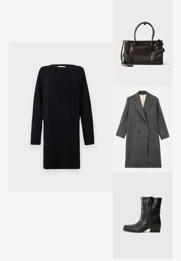 Grå uldfrakke med dobbeltknaplukning, store udskårne reverskraver og to lodrette lommer. Glat indvendig foer, skræddersyet pasform.; CLOSED CREW NECK MINI DRESS - Strikkjoler - black; Sort læder ankelstøvle med rundt tå, blokhæl, lynlås i siden og stikninger på vampsiden. Glat tekstur, klassisk design.; Mørkebrun læderhåndtaske med to top-hanke, justerbare sidelommer med gyldne spænder og en aftagelig skulderrem.
