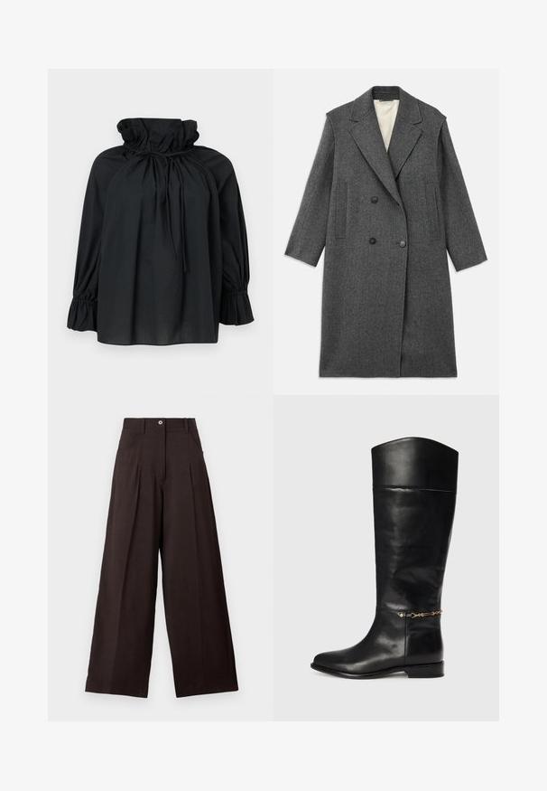 Manteau en laine grise avec un devant croisé, de grands revers crantés et deux poches verticales. Doublure intérieure lisse, coupe ajustée.; Blouse noire à manches longues avec col montant à volants froncés, lien coulissant au cou et poignets à volants élastiqués.; Pantalon noir taille haute à jambes larges avec plis à l'avant, poches latérales, passants pour ceinture, fermeture par bouton et braguette zippée sur un fond uni.; Botte en cuir noir montant jusqu'au genou avec un design droit, un bout rond, un petit talon et un accent en chaîne dorée près de la cheville. Texture lisse.