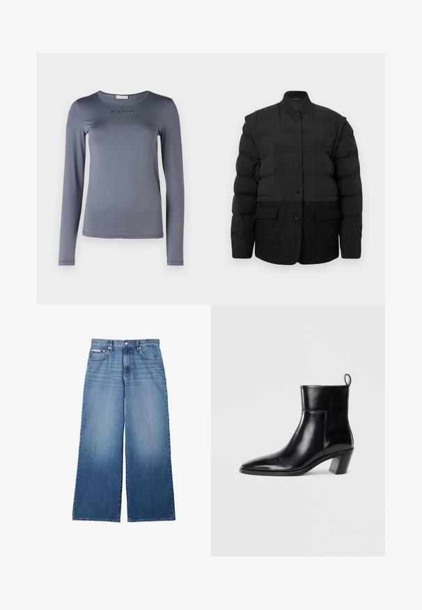 Chaqueta acolchada negra con la parte superior acolchada y sección inferior de mezcla de lana. Cuenta con cuello, cierre de botón y bolsillos frontales.; Camisa de manga larga gris, hecha de material suave, con un escote redondo y la palabra "BLANCHE" impresa en negro en el pecho.; Vaqueros de corte ancho en denim azul con parte delantera desgastada, estilo de cinco bolsillos, cierre de botón y cremallera, y pequeña etiqueta Calvin Klein en el bolsillo delantero.; Botín de piel negra hasta el tobillo con punta afilada, tacón apilado geométrico y una lengüeta en la parte posterior. Textura suave y diseño elegante.