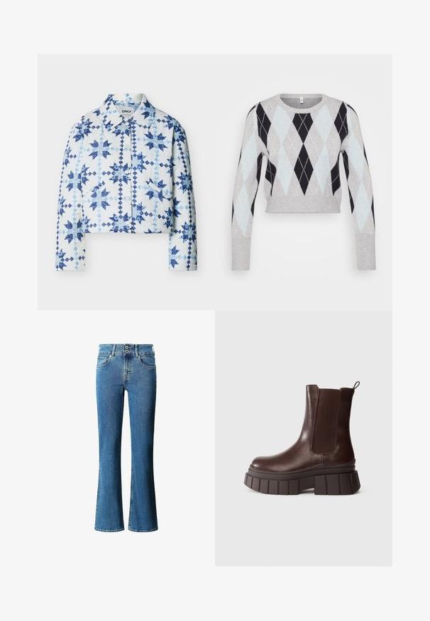 Veste blanche matelassée avec boutons-pression, présentant des motifs de patchwork en formes d'étoiles bleues et de diamants, avec un col.; Pull court gris clair avec un motif argyle noir et bleu clair. Présente des manches longues et un col rond classique. Texture douce.; Jean en denim évasé bleu moyen, doté d'une taille haute, d'une fermeture à deux boutons, d'un design classique à cinq poches et d'un léger délavage sur l'ensemble.; Bottines en cuir marron foncé avec une semelle épaisse et chunky et un panneau latéral en élastique, sur fond blanc uni.