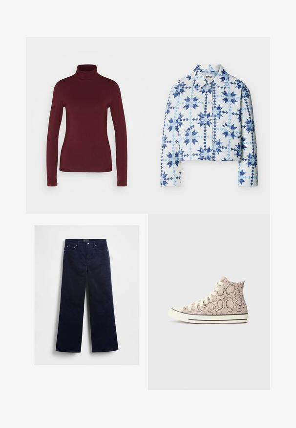 Witte doorgestikte jas met drukknopen, met blauwe sterren- en ruit-patchwork patronen en een kraag.; Pieces PCSIRENE ROLLNECK - Longsleeve - tawny port; Marineblauwe corduroy broek met wijde pijpen, voorzien van vijf zakken en zilverkleurige hardware. Gladde textuur met subtiele verticale ribbels.; Hoge sneakers met een roze en zwart slangenprint, rubberen neuskap en witte veters, met een contrasterende zwarte zooltrim.