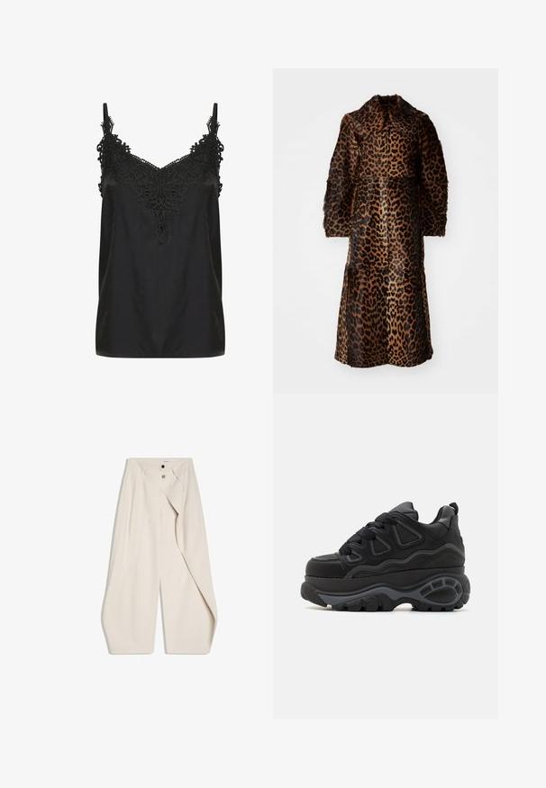 By Malene Birger RAFAIA - Wintermantel - brown; Schwarzes Top mit V-Ausschnitt und filigranen Spitzenverzierungen am Kragen. Mit Spaghetti-Trägern und einem glatten, leichten Stoff.; Beige Weitbein-Hosen mit Doppelknopfverschluss und plissiertem Vorderteil. Glatter Stoff mit klaren Linien und ohne sichtbare Muster.; Buffalo Skateschuh - black