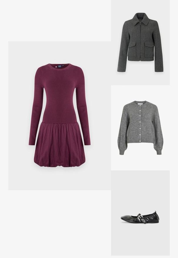 Chaqueta de lana gris oscuro con cremallera frontal, cuello ancho, mangas largas y dos grandes bolsillos con solapa en la cintura.; Cardigan gris de punto con cuello redondo, mangas largas abullonadas, puños y dobladillo acanalados, cierre frontal con siete botones blancos.; Vestido morado con cuerpo acanalado, mangas largas y falda fruncida. La tela parece suave y de textura ligera.; Zapato plano de piel negra con puntera afilada, detalle fruncido alrededor de la abertura y un acento de hebilla plateada en la correa ajustable.