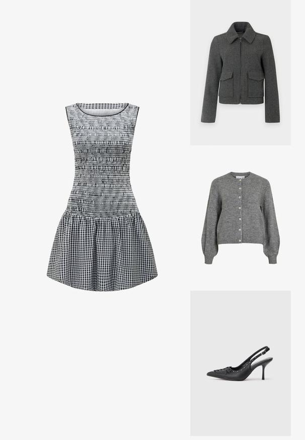 Chaqueta de lana gris oscuro con cremallera frontal, cuello ancho, mangas largas y dos grandes bolsillos con solapa en la cintura.; Cardigan gris de punto con cuello redondo, mangas largas abullonadas, puños y dobladillo acanalados, cierre frontal con siete botones blancos.; Vestido a cuadros en blanco y negro con un cuerpo ajustado, textura fruncida y una falda acampanada. Cuello redondo sencillo y diseño sin mangas.; Sandal de tacón stiletto negro de cuero con punta afilada, correa lateral con hebilla, tachuelas a lo largo del borde y cordones decorativos en la parte delantera.