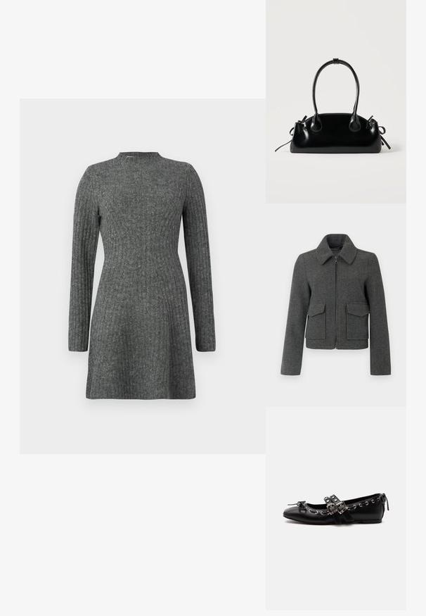 Chaqueta de lana gris oscuro con cremallera frontal, cuello ancho, mangas largas y dos grandes bolsillos con solapa en la cintura.; Vestido de canalé hasta la rodilla en gris oscuro, con mangas largas y escote alto, fabricado en un suave tejido texturizado.; Zapato de ballet plano negro con correas de doble hebilla, ojales plateados y un pequeño lazo cerca de la puntera redondeada sobre un fondo blanco.; Pequeño bolso negro brillante con dos asas largas y detalles de cordón lateral sobre un fondo claro liso.