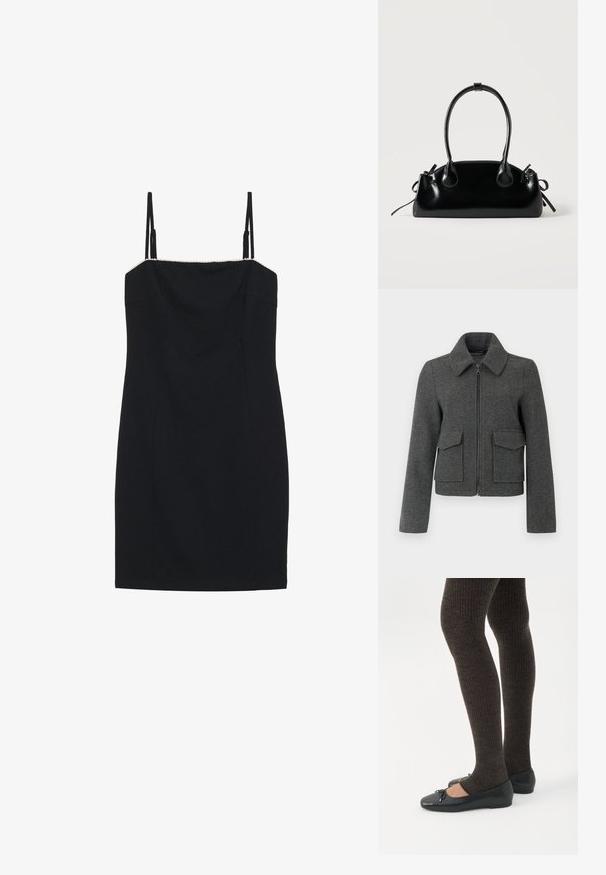 Veste en laine gris foncé avec fermeture éclair sur le devant, large col, manches longues et deux grandes poches à rabat à la taille.; Robe mini noire à fines bretelles et décolleté droit. Présente une silhouette ajustée et un bord texturé le long du décolleté.; Jambes portant des leggings côtelés foncés associés à des ballerines noires avec de petits détails en nœud sur fond blanc.; Petit sac à main noir brillant avec deux longues anses et des détails à cordon sur les côtés sur un fond clair uni.