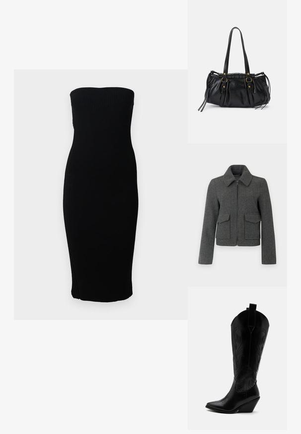 Donkergrijze wollen jas met ritssluiting aan de voorkant, brede kraag, lange mouwen en twee grote klepzakken bij de taille.; Zwarte strapless ribbed midi-jurk met een getailleerde silhouet, weergegeven tegen een eenvoudige witte achtergrond.; Zwarte leren cowboylaars met puntige neus, schuine blokhak, decoratieve stiksels en aantreklusjes bovenaan tegen een witte achtergrond.; Zwarte leren handtas met een afgeronde vorm, dubbele handvatten, decoratieve hardware accenten en details met zijstrikken. Smooth, glanzende textuur.