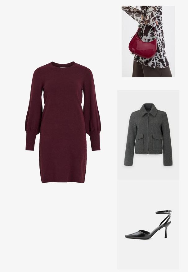 Dunkelgraue Wolljacke mit Frontreißverschluss, breitem Kragen, langen Ärmeln und zwei großen Klappentaschen auf Taillenhöhe.; Burgunderfarbendes Strickkleid mit langen Puffärmeln, Rundhalsausschnitt und gerippten Bündchen. Das Kleid hat eine taillierte Silhouette und seitliche Schlitze am Saum.; Schwarzer spitzer High Heel mit dünnen Knöchelriemen und silberner Schnalle auf einfachem hellem Hintergrund.; Frau trägt eine schwarz-weiß gemusterte Bluse und hält eine glänzende rote Schultertasche vor einem einfarbigen Hintergrund.