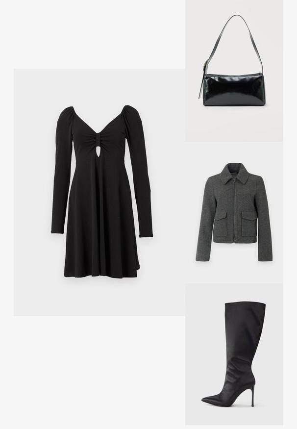 Veste en laine gris foncé avec fermeture éclair sur le devant, large col, manches longues et deux grandes poches à rabat à la taille.; Robe noire à manches longues avec un décolleté en V profond, présentant un tissu froncé et un détail en forme de trou de serrure au niveau de la poitrine, avec une jupe évasée.; Botte noire haute jusqu'aux genoux en cuir verni lisse et élégant ; bout pointu ; ajustée avec un léger froncé près de la cheville ; talon brillant.; Sac d'épaule rectangulaire noir avec une sangle réglable unique et une fermeture éclair supérieure sur un fond uni.