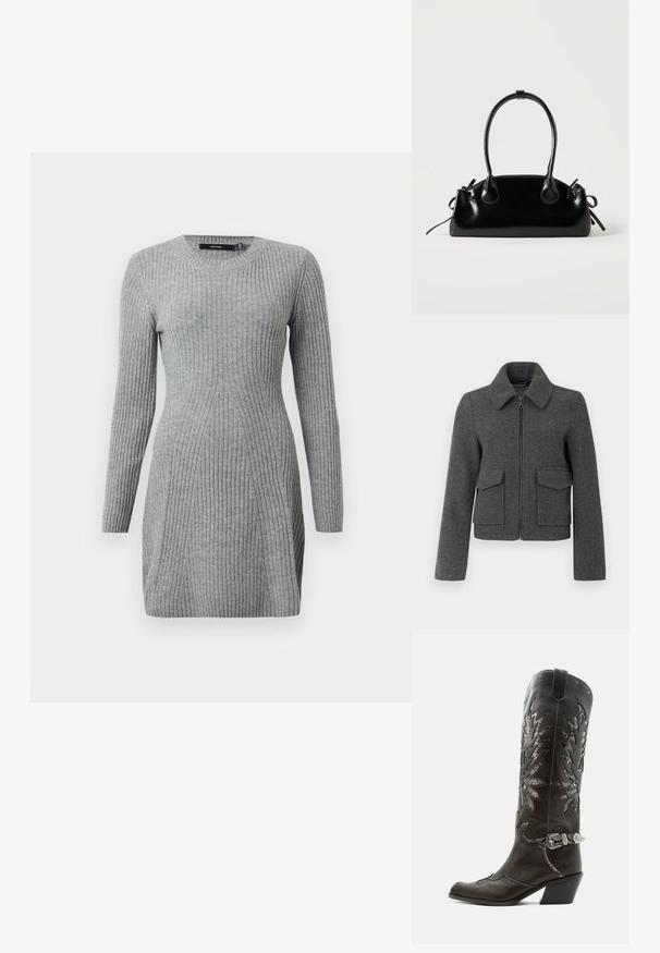 Veste en laine gris foncé avec fermeture éclair sur le devant, large col, manches longues et deux grandes poches à rabat à la taille.; Robe grise en tricot côtelé avec des manches longues et un col rond. Présente un design ajusté et des lignes verticales pour la texture. Tissu doux.; Botte de cowboy en cuir noir avec découpes décoratives, boucle argentée et talon incliné, présentée sur fond blanc.; Petit sac à main noir brillant avec deux longues anses et des détails à cordon sur les côtés sur un fond clair uni.