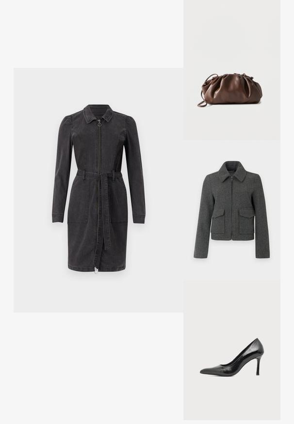 Chaqueta de lana gris oscuro con cremallera frontal, cuello ancho, mangas largas y dos grandes bolsillos con solapa en la cintura.; Vestido de mezclilla negro con cuello tipo camisa, mangas largas, cierre frontal de cremallera y cintura ceñida con cinturón. Cuenta con dos bolsillos frontales y un dobladillo recto.; Zapato de tacón alto de mujer en piel negra patentada, con punta puntiaguda y tacón delgado, sobre un fondo claro y liso.; Bolso tipo bolsa de cuero marrón suave con parte superior fruncida y asa delgada, apoyado sobre un fondo blanco.
