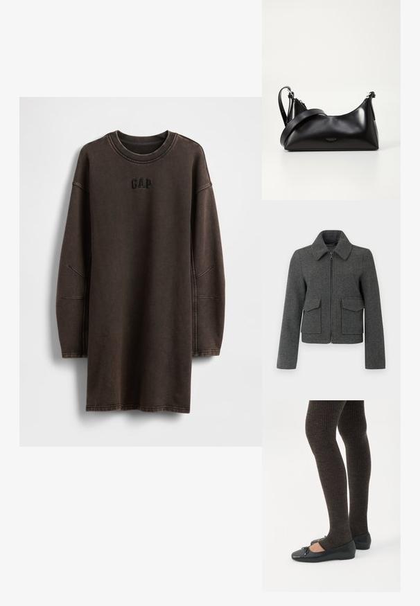 Mørkegrå uldjakke med lynlås foran, bred krave, lange ærmer og to store klaplommer ved taljen.; Brun oversized sweatshirt-kjole lavet af blødt materiale, med rund halsudskæring og broderet "GAP"-logo på brystet.; Ben iført mørke ribbede leggings kombineret med sorte balletsko med små sløjfedetaljer på hvid baggrund.; Sort læderhåndtaske med en glat tekstur. Har en justerbar stropp og et enkelt, minimalistisk design med lynlås.