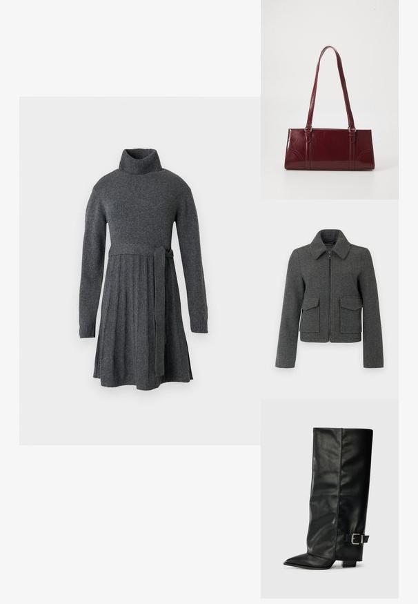 Chaqueta de lana gris oscuro con cremallera frontal, cuello ancho, mangas largas y dos grandes bolsillos con solapa en la cintura.; Vestido de punto gris que presenta un alto cuello de tortuga, mangas largas, una cintura acentuada con un lazo de cinturón y detalles de falda plisada.; Botas de cuero negro hasta el tobillo con punta afilada, textura suave y un detalle de hebilla plateada en el lado. Tacón cuadrado grueso.; Bolso burdeos hecho de material brillante, de forma rectangular, con dos asas para el hombro y sutiles acentos curvados en la parte frontal.